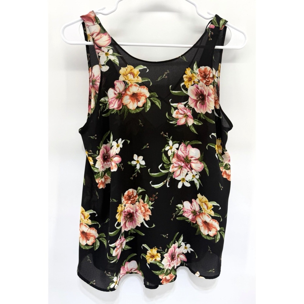 Lush Black Pink Floral Tank Top High Low Hem Sheer Oversized Tie Back Women XS